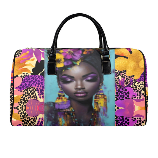 Purple and Gold AfroCentric Travel Bag Leather Travel Bag-Large (Short Patch) (1735)