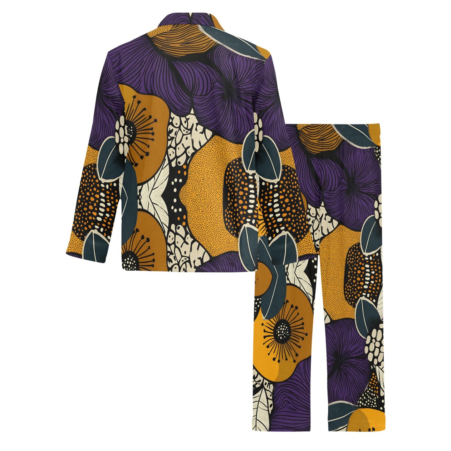 Geometric and Floral Pattern Men's Pajama Set Men's V-Neck Long Pajama Set