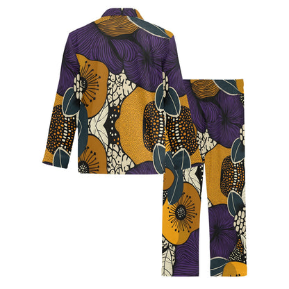 Geometric and Floral Pattern Men's Pajama Set Men's V-Neck Long Pajama Set