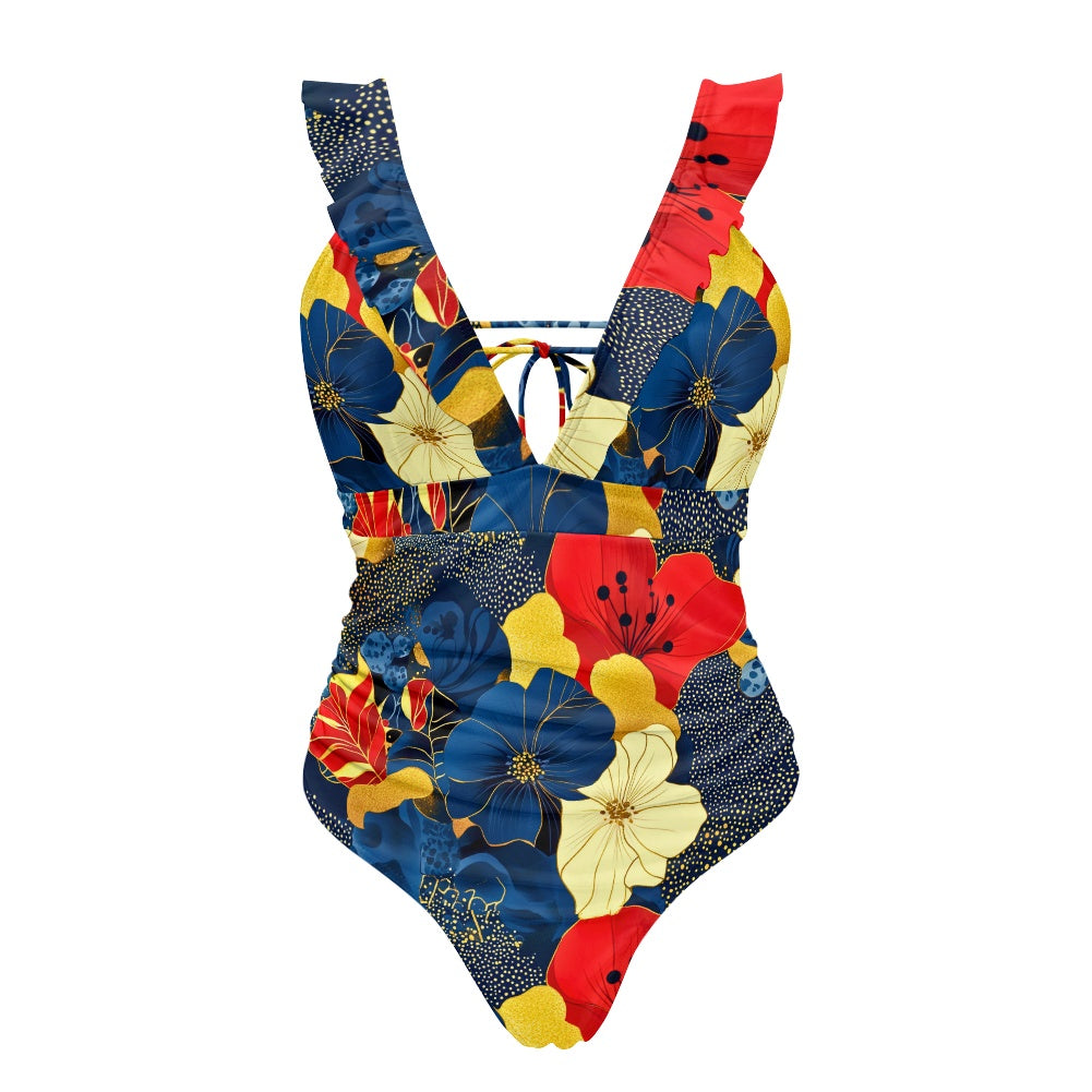 Women's Ruffled Lace Up One-Piece Swimsuit