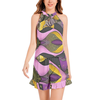 Tie Neck Halter Top and Ruffle Hem Short Set