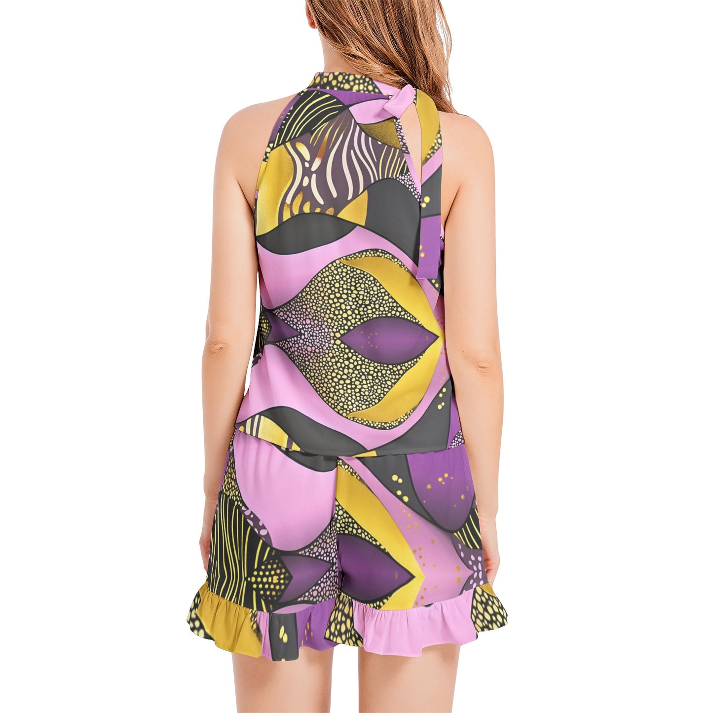 Tie Neck Halter Top and Ruffle Hem Short Set