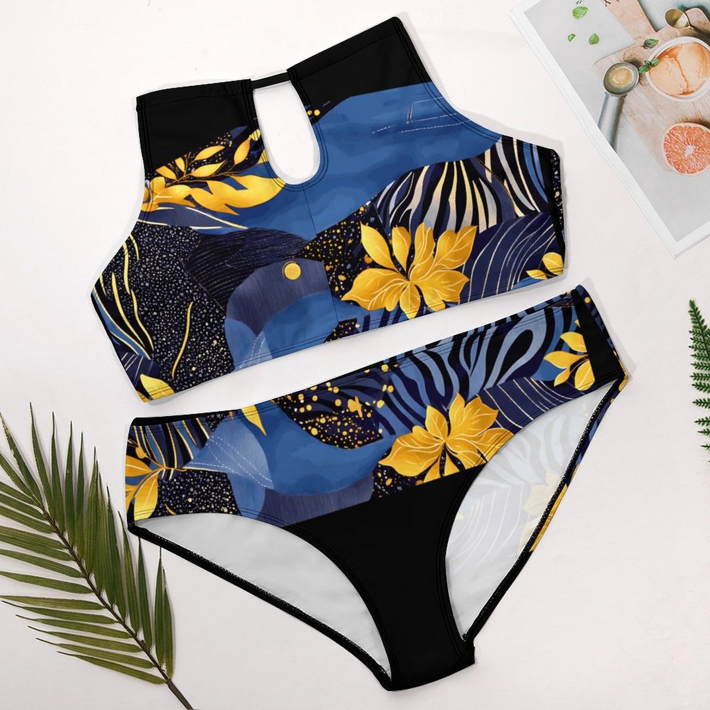 Plus Size Women's Two piece Swimsuit with High Neck Halter Top BK2040 (All-Over Printing)