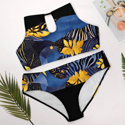 Plus Size Women's Two piece Swimsuit with High Neck Halter Top BK2040 (All-Over Printing)