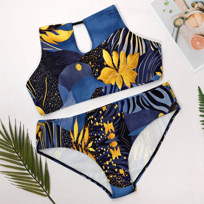 Plus Size Women's Two piece Swimsuit with High Neck Halter Top BK2040 (All-Over Printing)