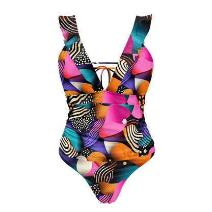 Women's Ruffled Lace Up One-Piece Swimsuit