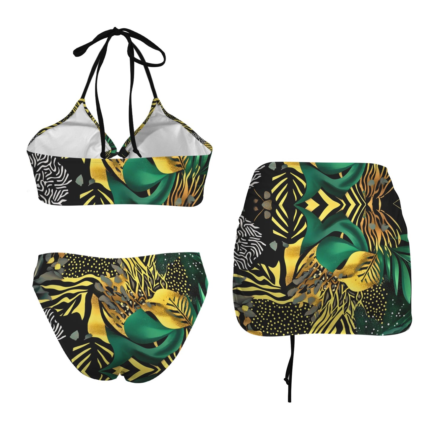 Golden Zebra Drawstring Halterneck Three-Piece Swimsuit Skirt Drawstring Halterneck Three-Piece Swimsuit Skirt