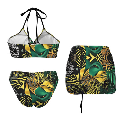 Golden Zebra Drawstring Halterneck Three-Piece Swimsuit Skirt Drawstring Halterneck Three-Piece Swimsuit Skirt