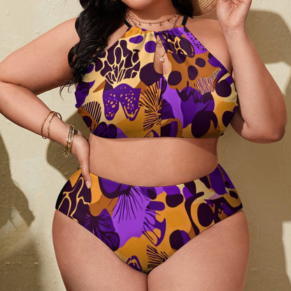 Plus Size Women's Two piece Swimsuit with High Neck Halter Top BK2040 (All-Over Printing)
