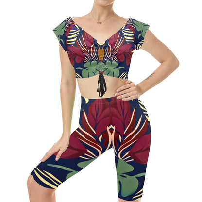 Burgundy and Green Camo Yoga Set Women's Crop Top Yoga Set