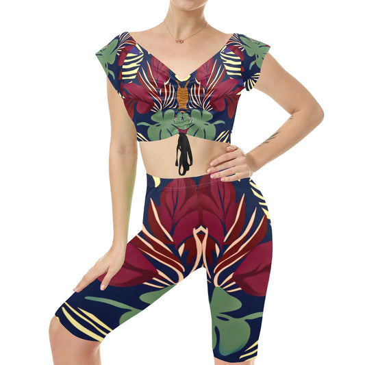 Burgundy and Green Camo Yoga Set Women's Crop Top Yoga Set