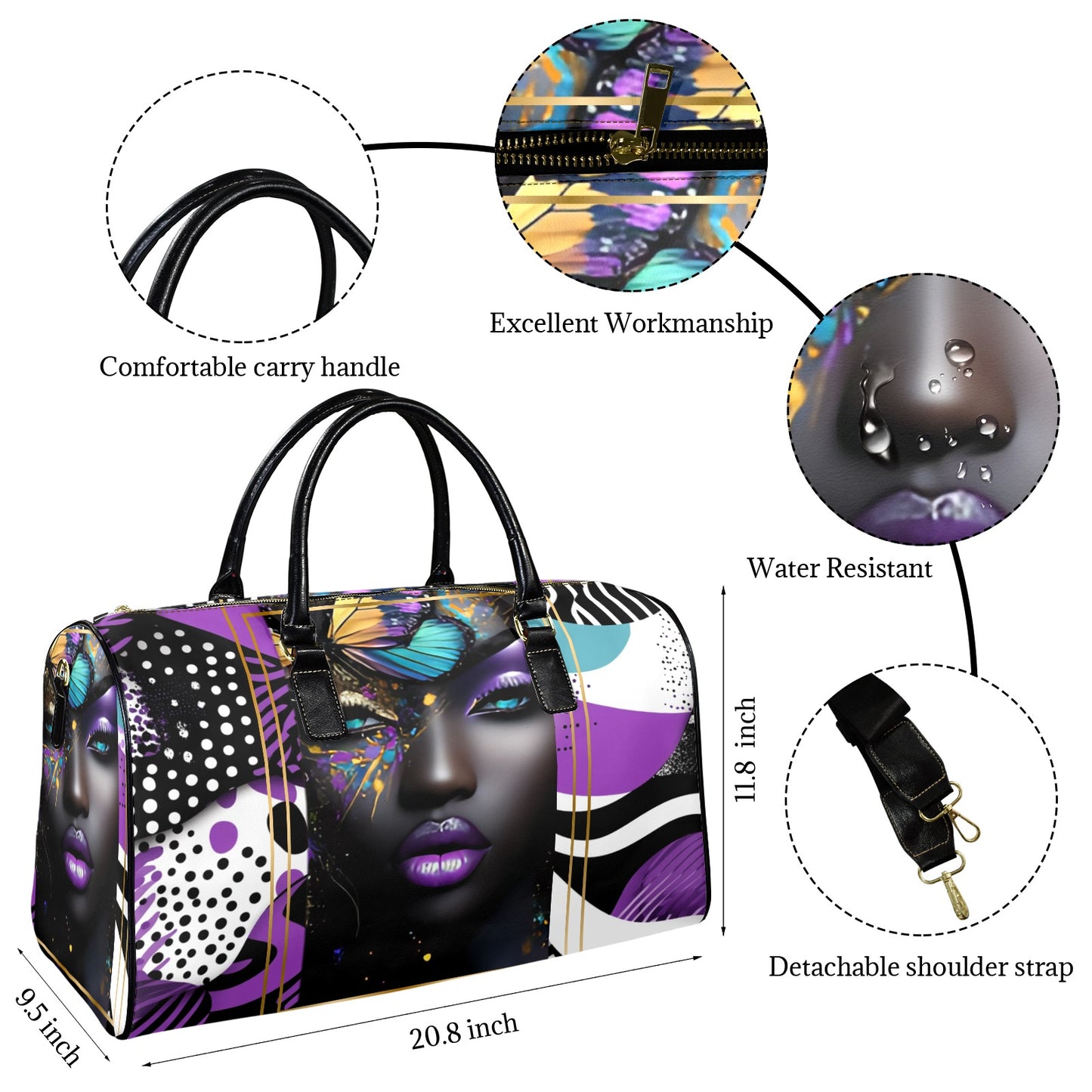 Purple and Gold AfroCentric Travel Bag Leather Travel Bag-Large (Short Patch) (1735)