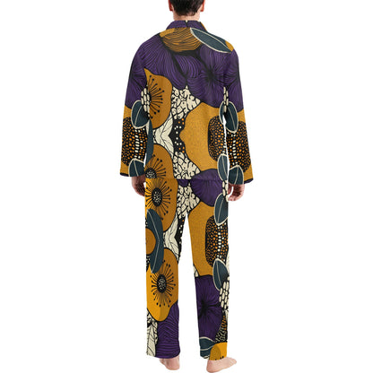 Geometric and Floral Pattern Men's Pajama Set Men's V-Neck Long Pajama Set