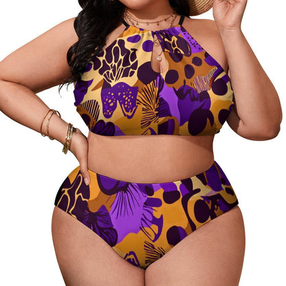 Plus Size Women's Two piece Swimsuit with High Neck Halter Top BK2040 (All-Over Printing)