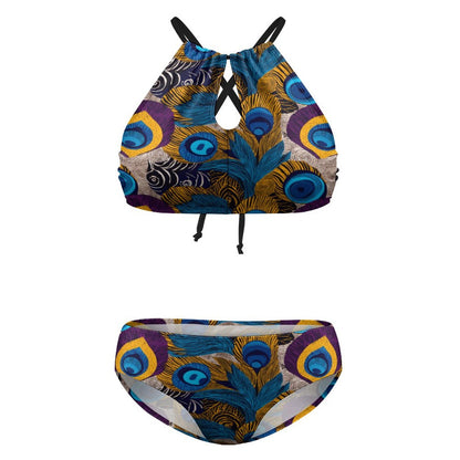 Plus Size Women's Two piece Swimsuit with High Neck Halter Top BK2040 (All-Over Printing)