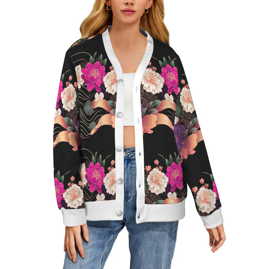 Floral Pattern Cardigan Women's Ribbed Cardigan (Model H73)