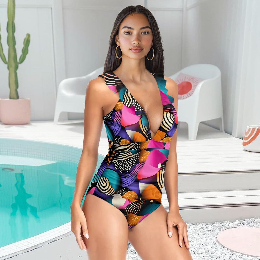 Women's Ruffled Lace Up One-Piece Swimsuit