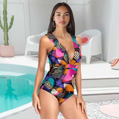 Women's Ruffled Lace Up One-Piece Swimsuit