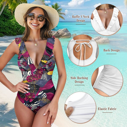 Women's Ruffled Lace Up One-Piece Swimsuit