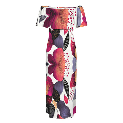 Floral Pattern Off The Shoulder Maxi-Dress Women's Off Shoulder Ruffle Boat Neck Dress (Model D71)