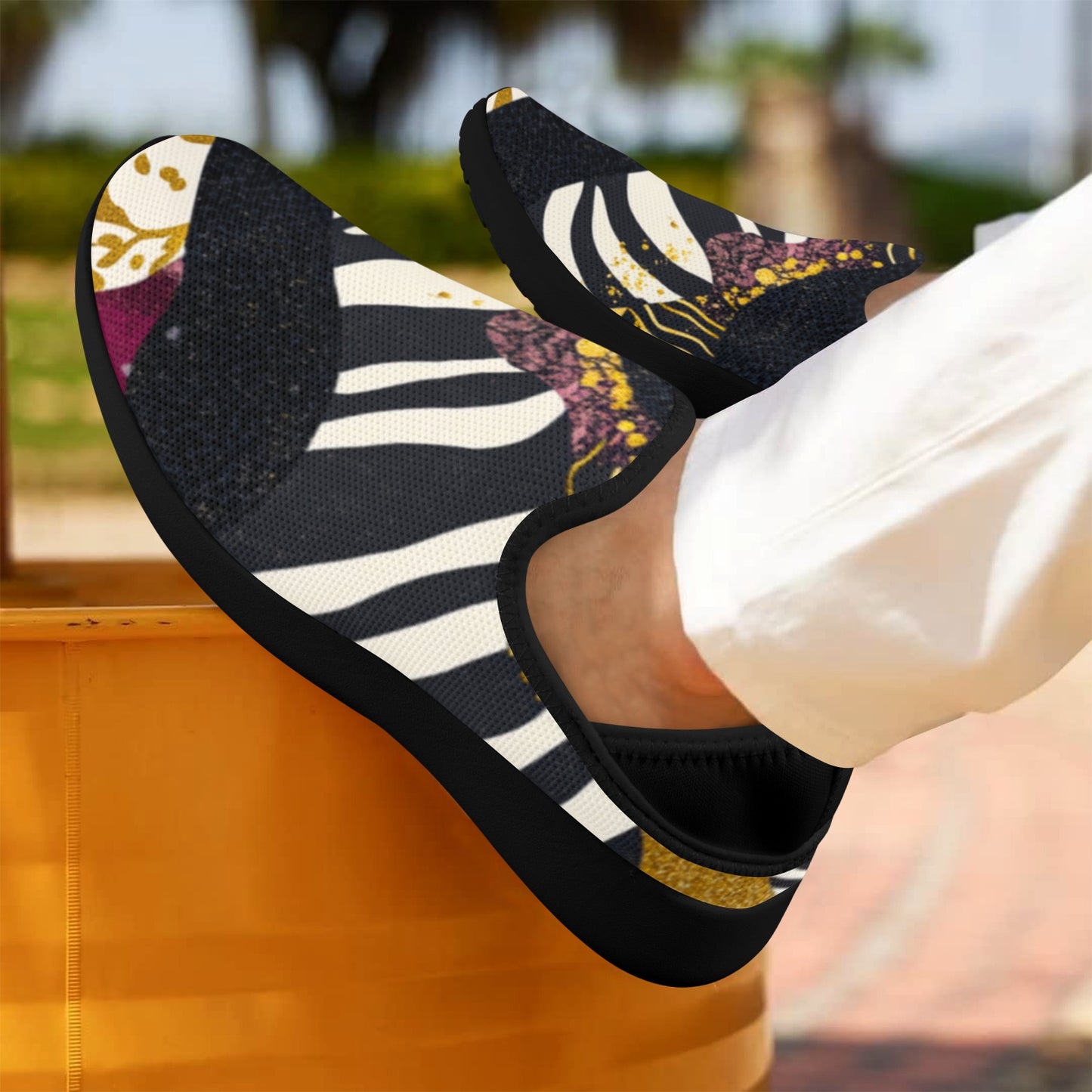 Golden Zebra Burgundy Camo Pattern Men's Fly Weave Drop-In Heel Sneakers Fly Weave Drop-in Heel Sneakers for Men (Model 02002)