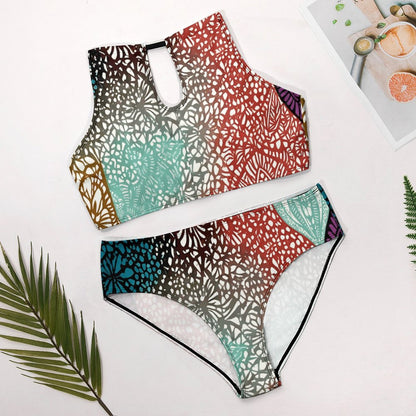 Women's Abstract Two piece Swimsuit with High Neck Halter Top BK2040 (All-Over Printing)