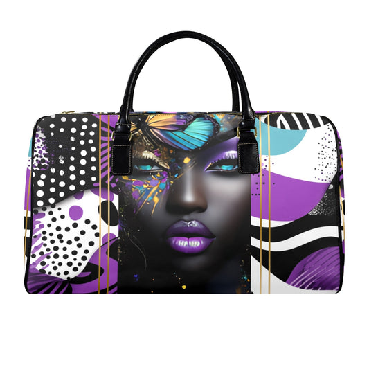 Purple and Gold AfroCentric Travel Bag Leather Travel Bag-Large (Short Patch) (1735)