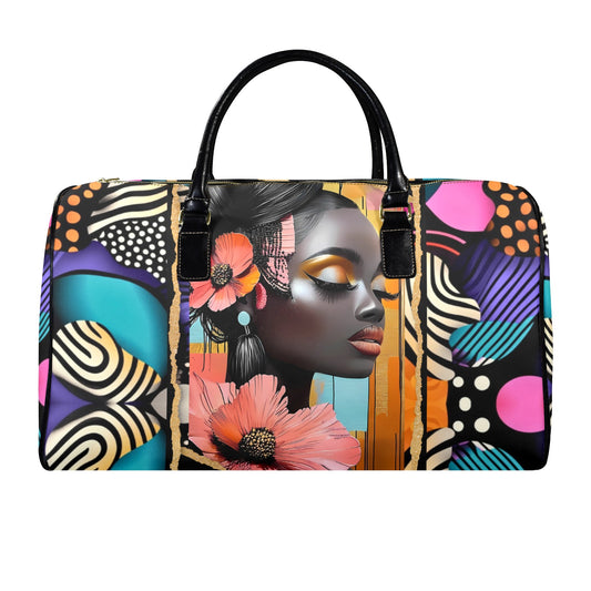 Floral and Peach AfroCentric Travel Bag Leather Travel Bag-Large (Short Patch) (1735)