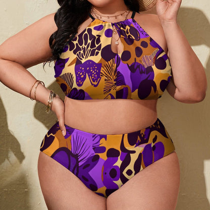 Plus Size Women's Two piece Swimsuit with High Neck Halter Top BK2040 (All-Over Printing)