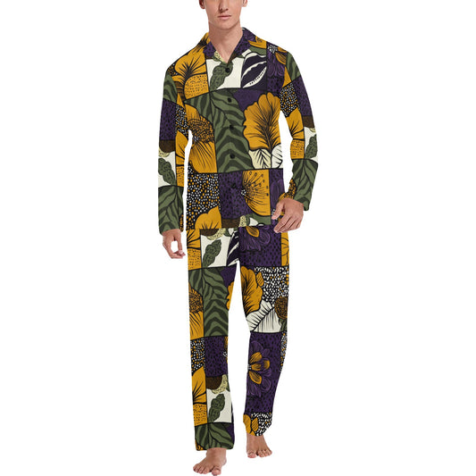 Geometric and Floral Pattern Men's Pajama Set Men's V-Neck Long Pajama Set