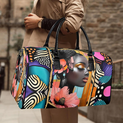 Floral and Peach AfroCentric Travel Bag Leather Travel Bag-Large (Short Patch) (1735)