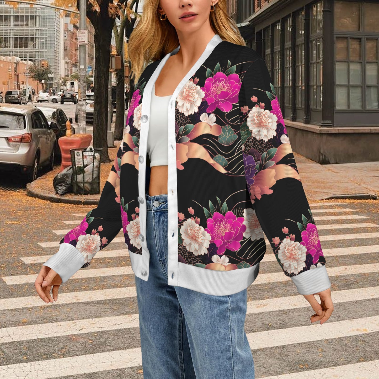 Floral Pattern Cardigan Women's Ribbed Cardigan (Model H73)