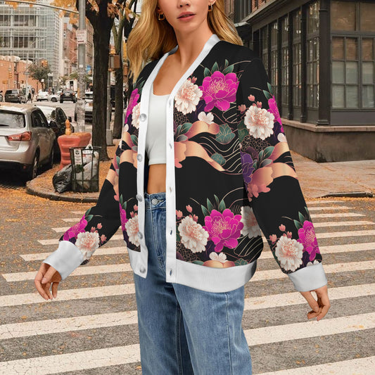 Floral Pattern Cardigan Women's Ribbed Cardigan (Model H73)