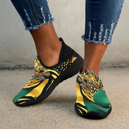 Golden Zebra Green Camo Pattern Women's Fly Weave Drop-In Heel Sneakers Fly Weave Drop-in Heel Sneakers for Women (Model 02002)