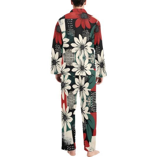 Geometric and Floral Pattern Men's Pajama Set Men's V-Neck Long Pajama Set