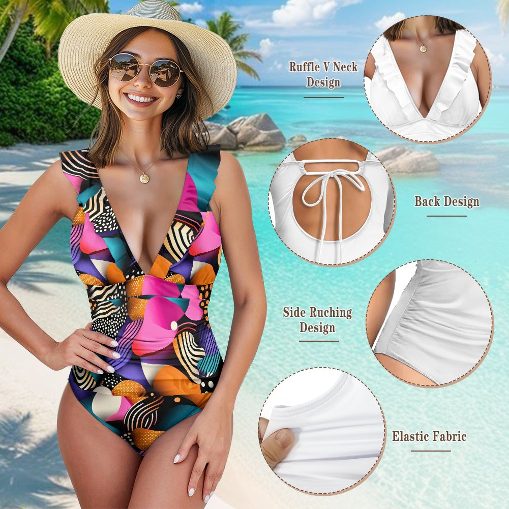 Women's Ruffled Lace Up One-Piece Swimsuit