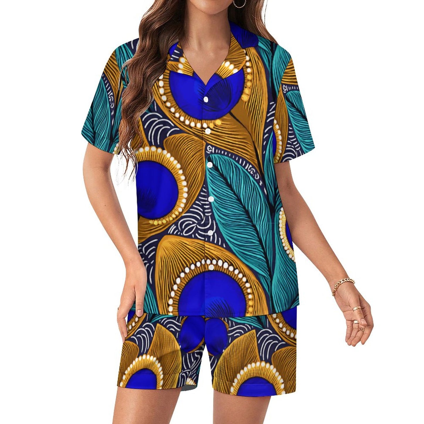 Peacock Pattern 120gsm Worn-effect Fabric Women Satin Pajama Set 201 (All-Over Printing)