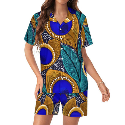 Peacock Pattern 120gsm Worn-effect Fabric Women Satin Pajama Set 201 (All-Over Printing)