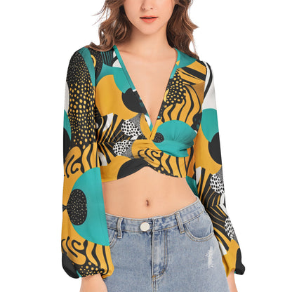 Women's Deep V-Neck Lantern Sleeve Crop Top