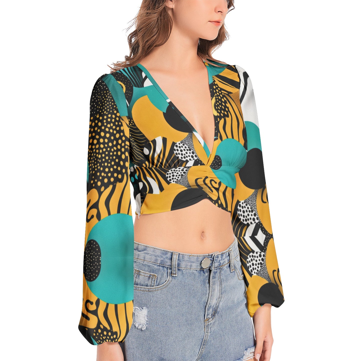 Women's Deep V-Neck Lantern Sleeve Crop Top