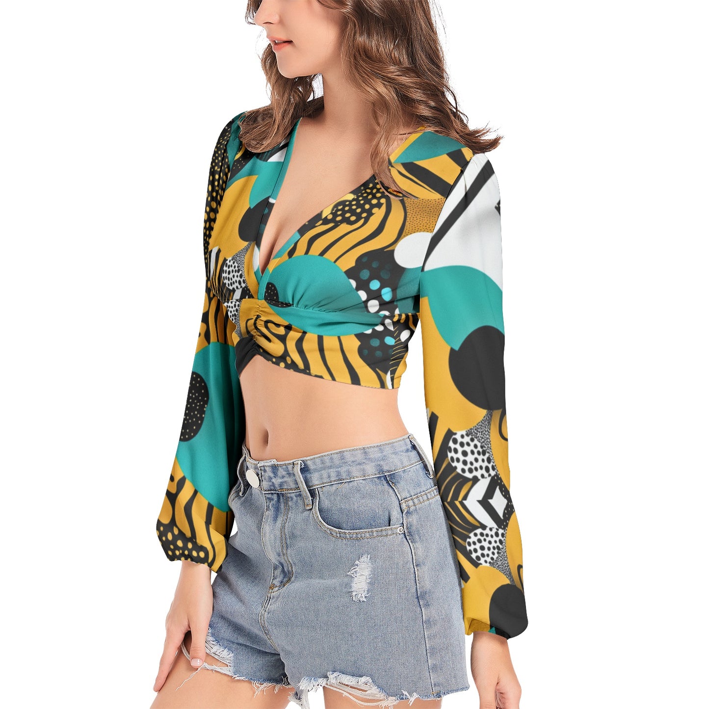 Women's Deep V-Neck Lantern Sleeve Crop Top
