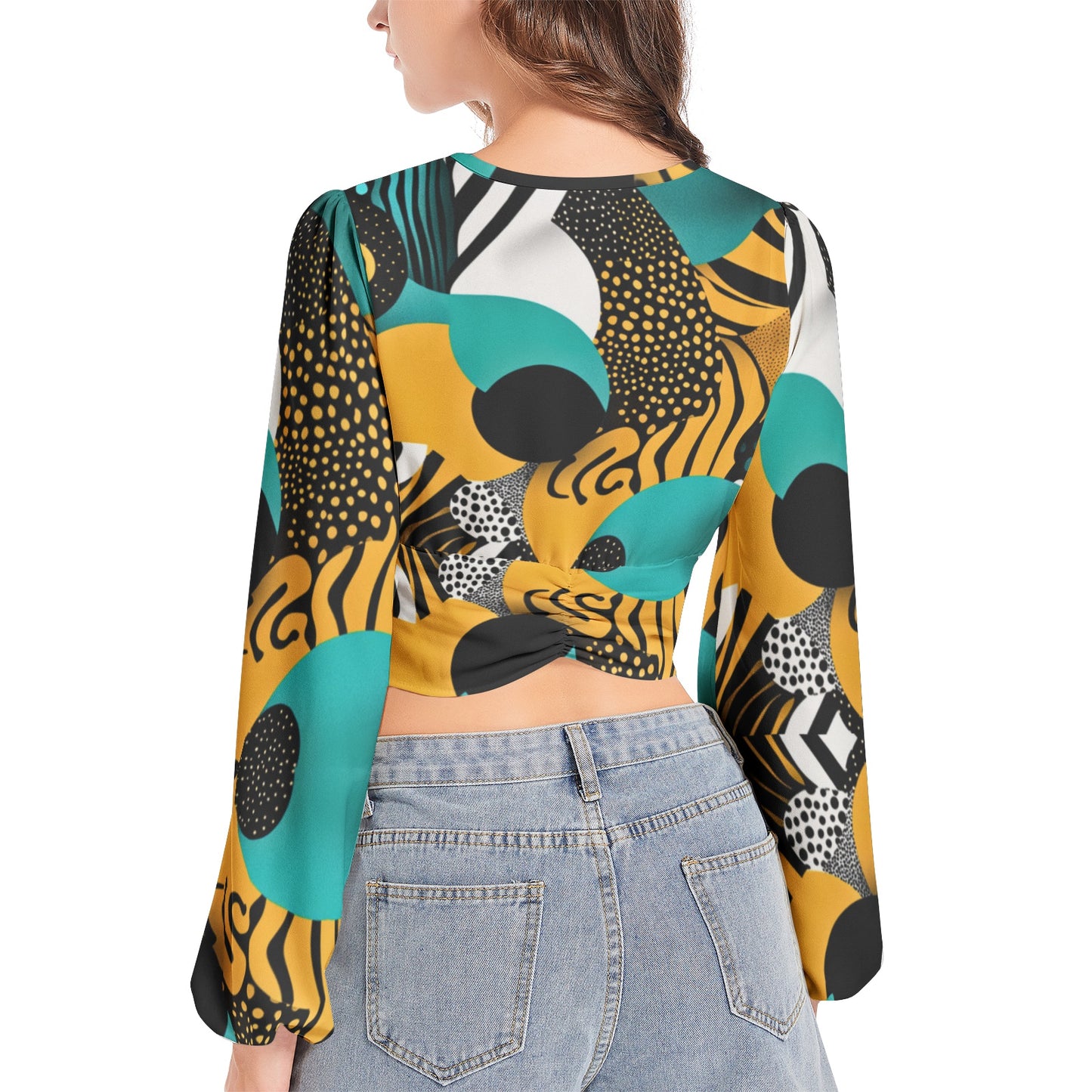 Women's Deep V-Neck Lantern Sleeve Crop Top