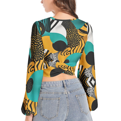 Women's Deep V-Neck Lantern Sleeve Crop Top