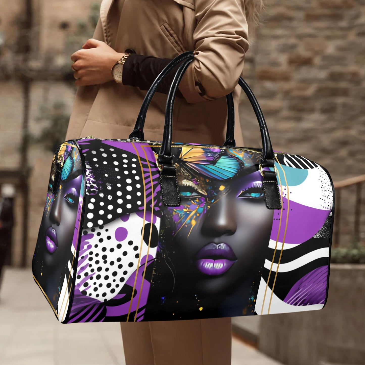 Purple and Gold AfroCentric Travel Bag Leather Travel Bag-Large (Short Patch) (1735)