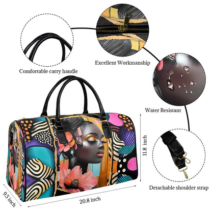 Floral and Peach AfroCentric Travel Bag Leather Travel Bag-Large (Short Patch) (1735)