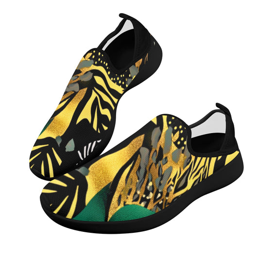 Golden Zebra Green Camo Pattern Men's Fly Weave Drop-In Heel Sneakers Fly Weave Drop-in Heel Sneakers for Men (Model 02002)