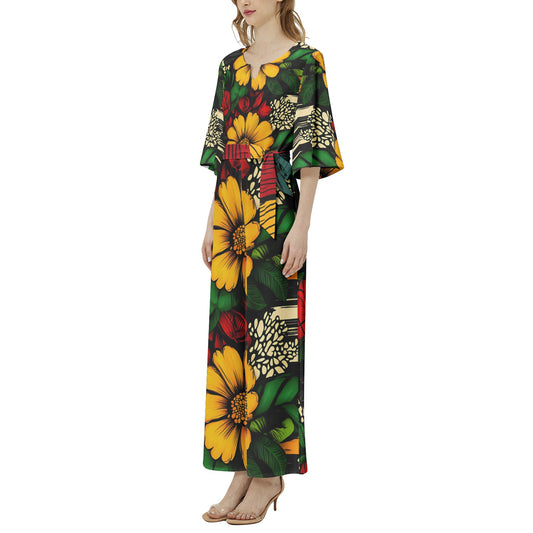 Floral and Geometric Pattern Dolman Sleeve Belted Wide Leg Jumpsuit