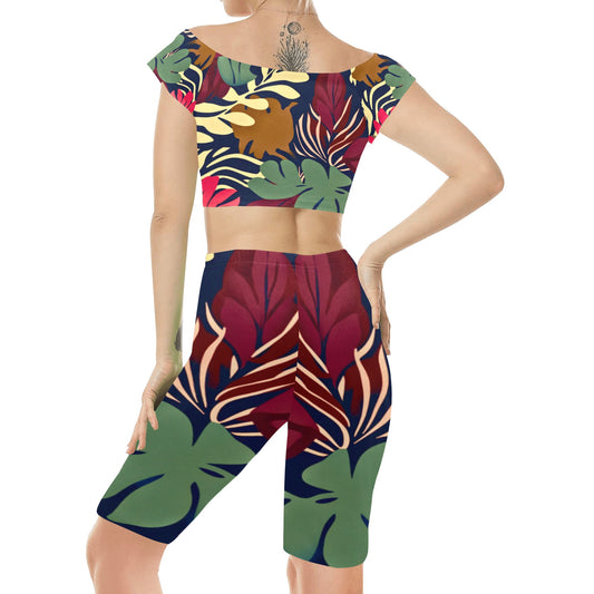 Burgundy and Green Camo Yoga Set Women's Crop Top Yoga Set