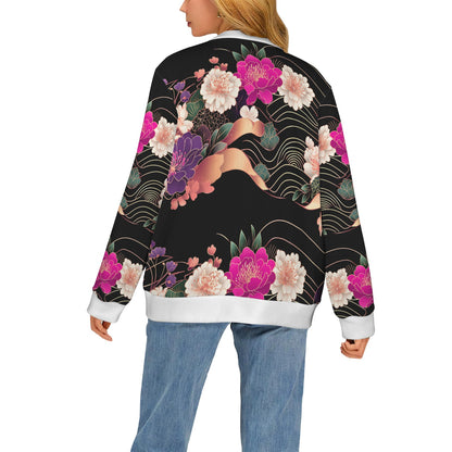 Floral Pattern Cardigan Women's Ribbed Cardigan (Model H73)