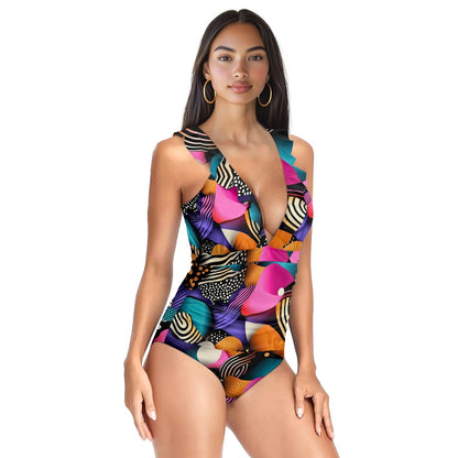 Women's Ruffled Lace Up One-Piece Swimsuit